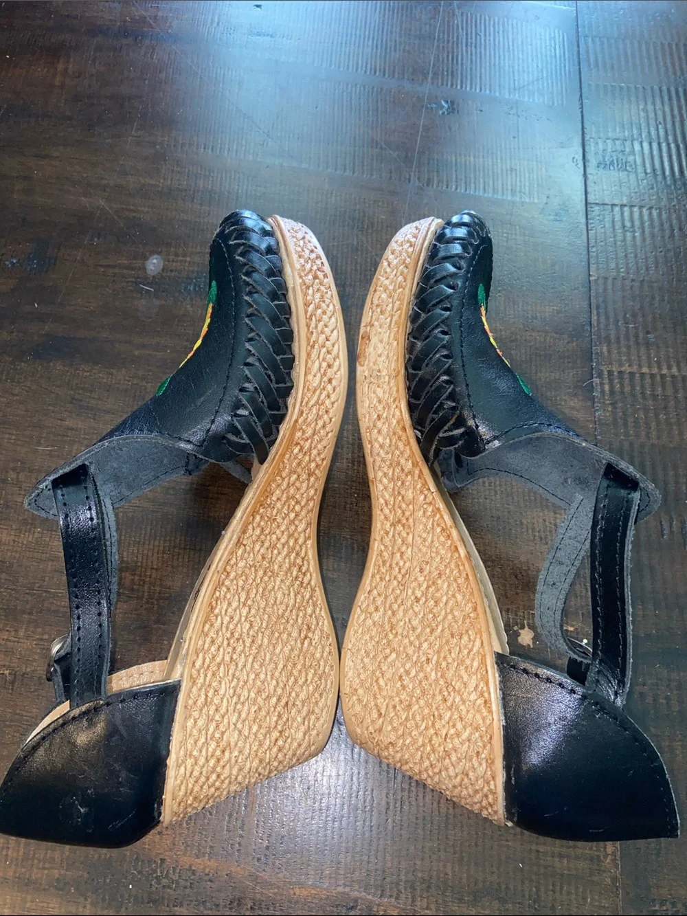 Black Leather Wedge Huarache Sandals with Embroidered Sunflower 8 US 25 Mex